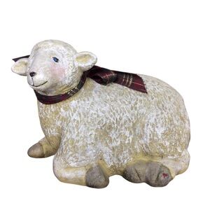 Sheep Figurine with Plaid Scarf Resin Nativity Farmhouse Cottagecore